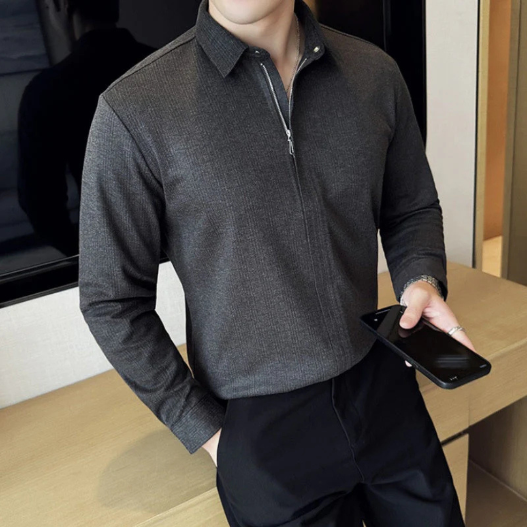 Camisa de Lapela Casual de Cor Lisa para Homem com Fecho de Correr