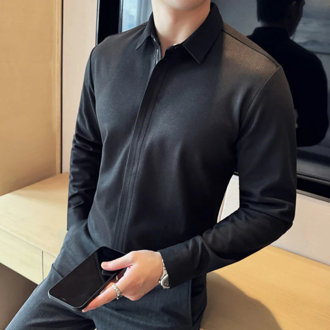 Camisa de Lapela Casual de Cor Lisa para Homem com Fecho de Correr