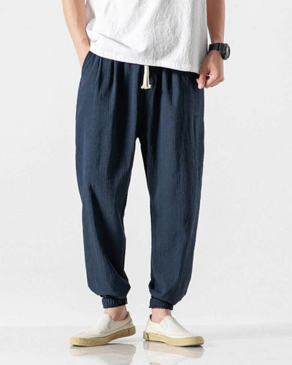 Calças estilo jogger de linho com cintura ajustável