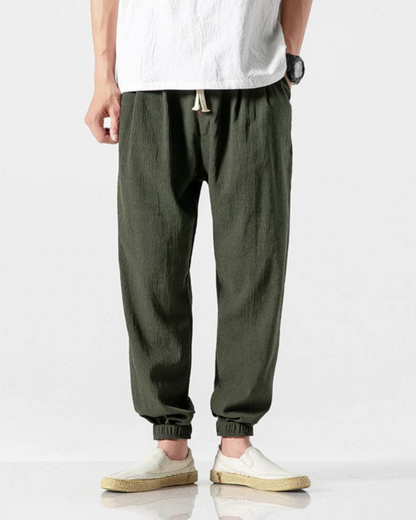 Calças estilo jogger de linho com cintura ajustável