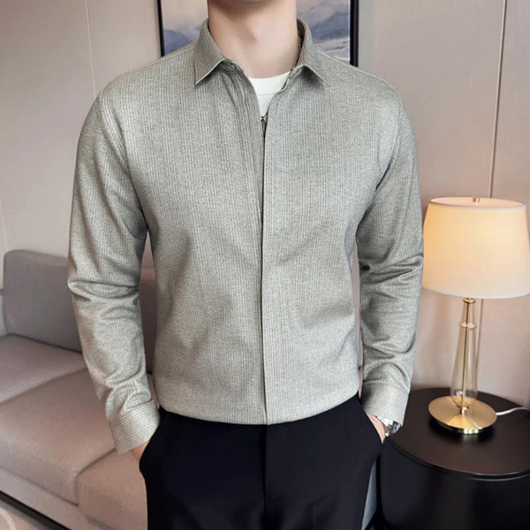 Camisa de Lapela Casual de Cor Lisa para Homem com Fecho de Correr