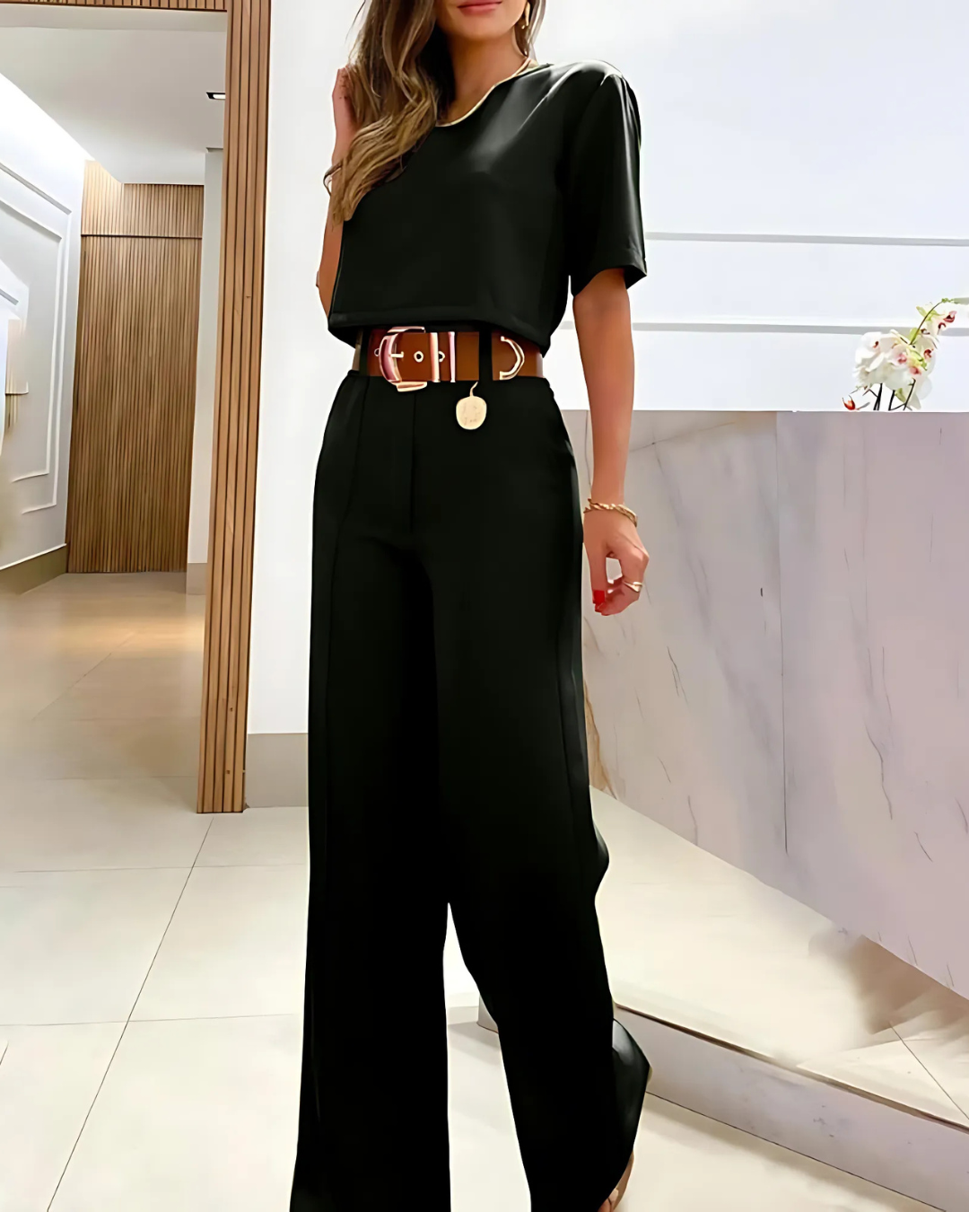 Conjunto Elegante com Top Curto e Calças de Perna Larga®