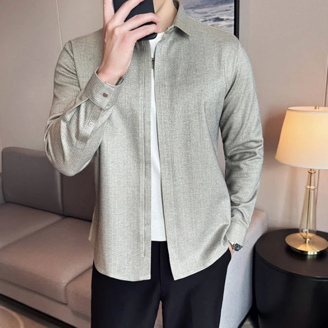 Camisa de Lapela Casual de Cor Lisa para Homem com Fecho de Correr
