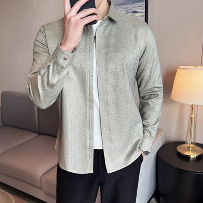 Camisa de Lapela Casual de Cor Lisa para Homem com Fecho de Correr